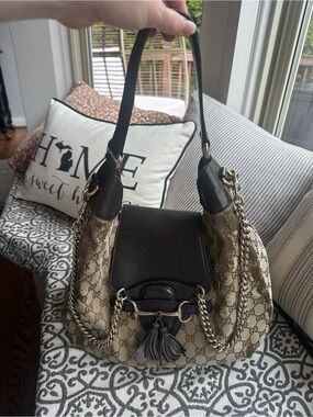 Authentic Gucci Brown Monogram Canvas Hobo Bag with Leather Trim and Gold Chain